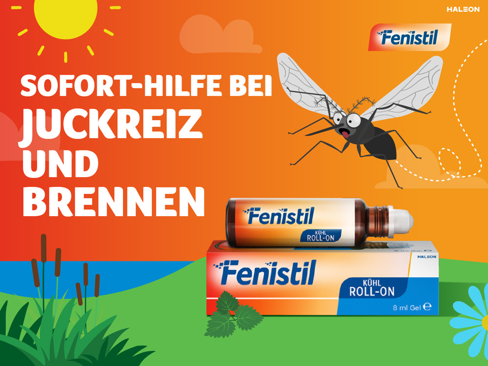 Werbung für Fenistil Kühl Roll-on. Produkt und Verpackung vor orangefarbenem Hintergrund mit Sonne und Mücke.